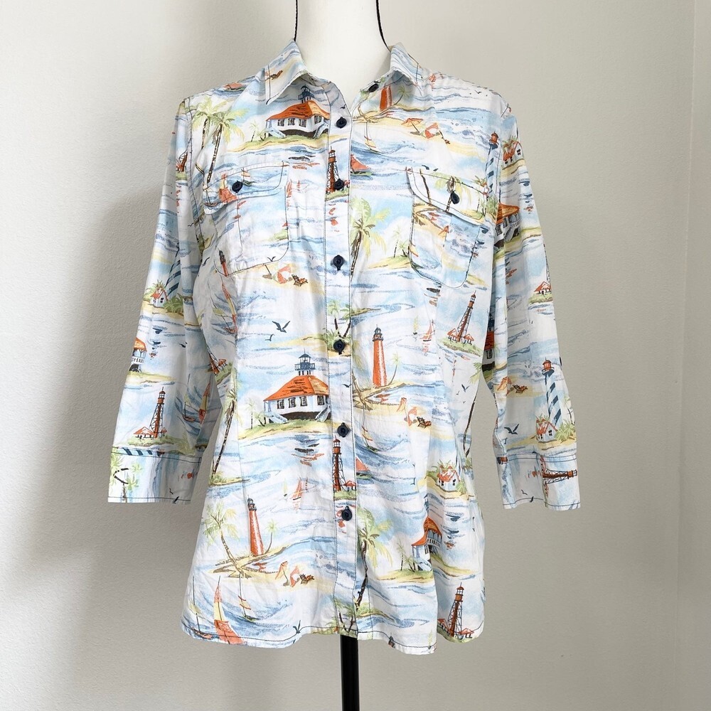 Paradise Shores 90s Cotton Lighthouse Print Hawaiian women’s shirt. Size XL